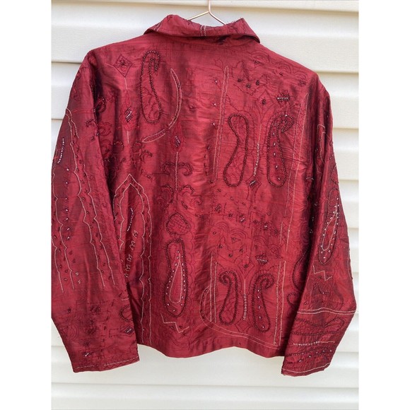 VNTG Chico's Design Medium/1 Red Pure Silk Jacket Abstract Beaded Embroidery NWT - Picture 2 of 11